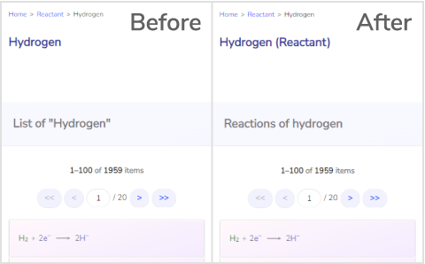 Comparison of old heading and new one on reactant page